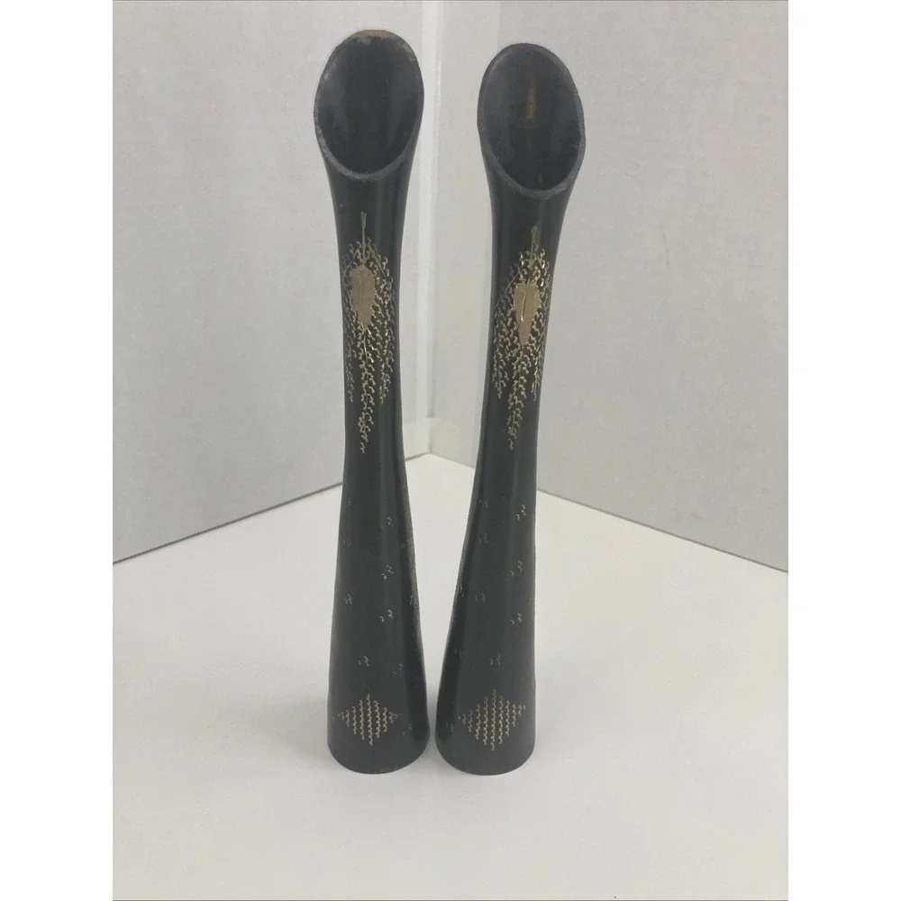 Set of 2 Vtg Solid Brass Black Gold Hand Etched Flower Design Vases 9.5 inch‎